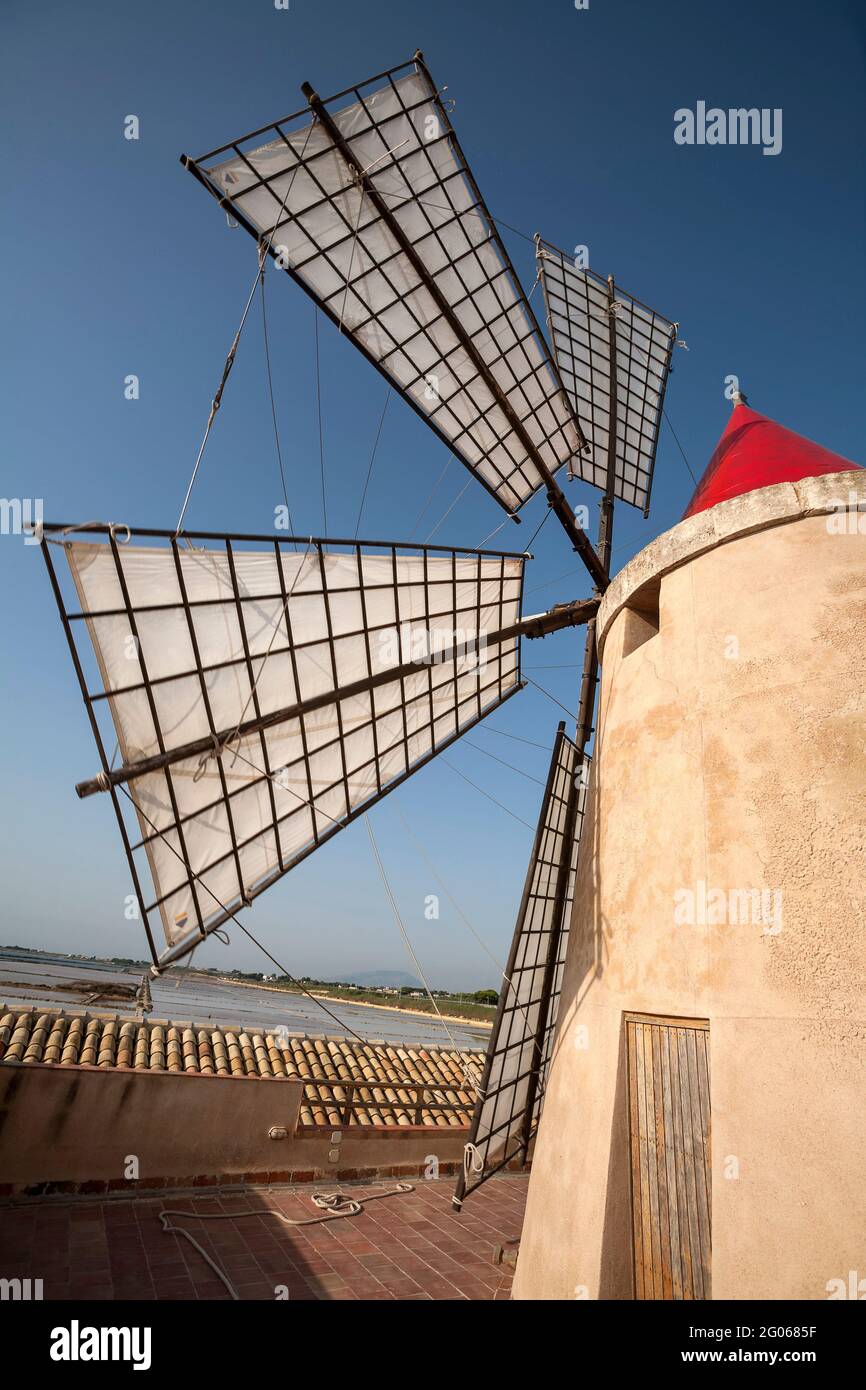 Saltworks, Saline of Trapani, windmill, nature reserve, Stagnone of Marsala, Sicily, Italy, Europe Stock Photo