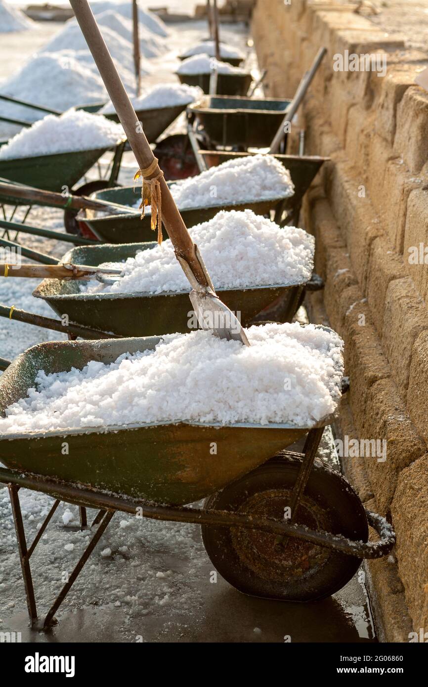 Saltworks, work, Saline of Trapani, salt, piles of salt, nature reserve, Stagnone of Marsala, Sicily, Italy, Europe Stock Photo
