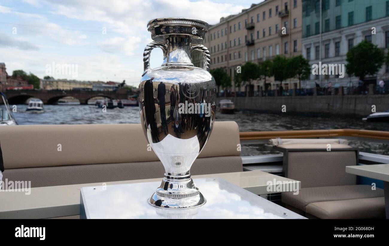 Saint Petersburg, Russia - 22 May 2021,  Euro 2020 Football Championship Cup on the boat on Fontanka River in Saint Petersburg Stock Photo