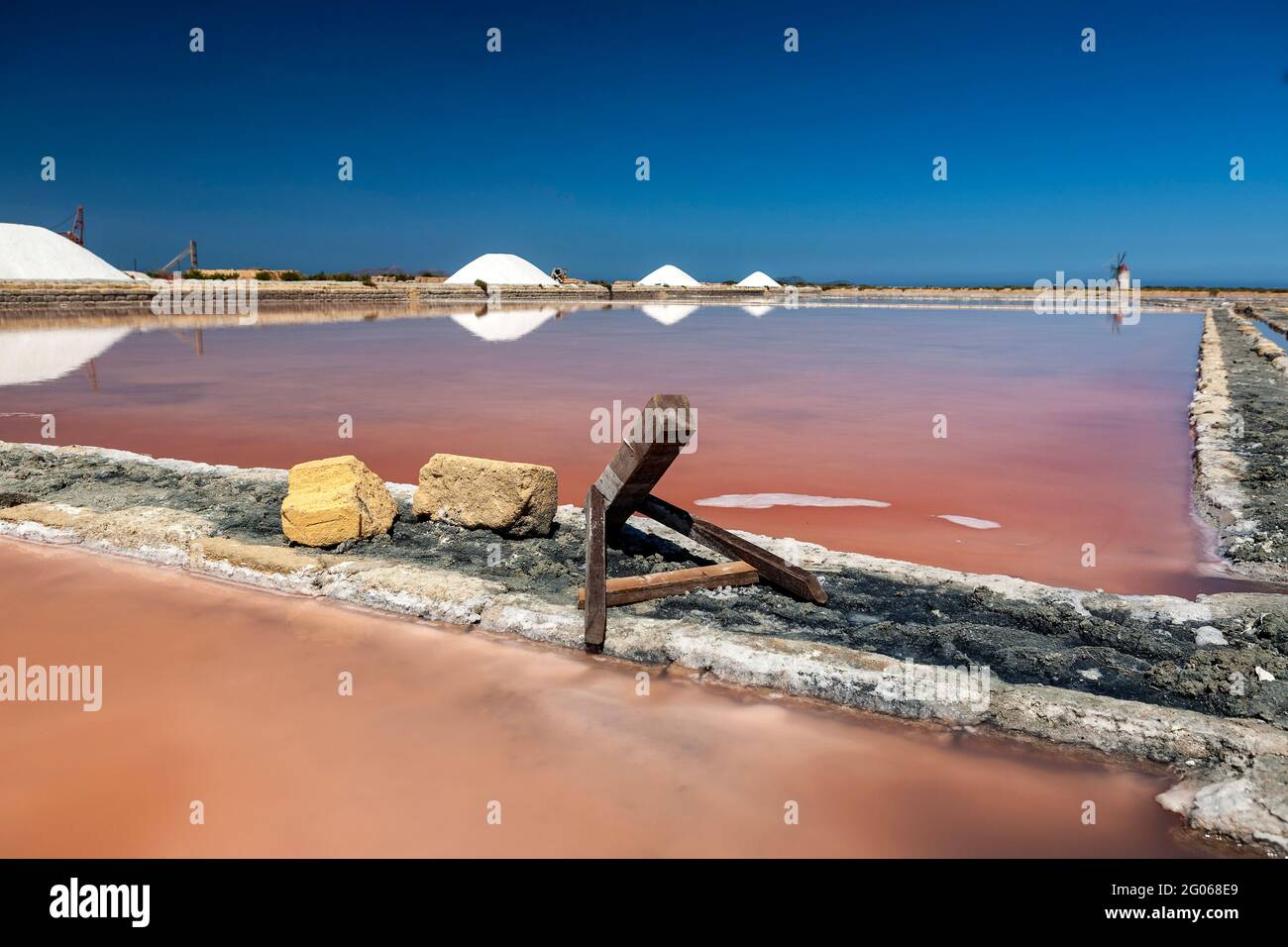 Saltworks, isola Grande island, Saline of Trapani, salt, piles of salt, nature reserve, Stagnone of Marsala, Sicily, Italy, Europe Stock Photo
