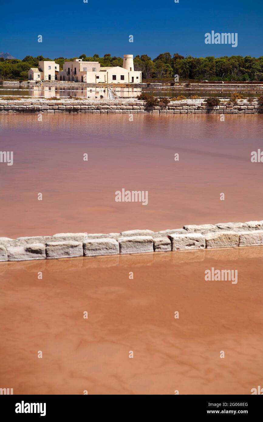 Saltworks, isola Grande island, Saline of Trapani, salt, nature reserve, Stagnone of Marsala, Sicily, Italy, Europe Stock Photo