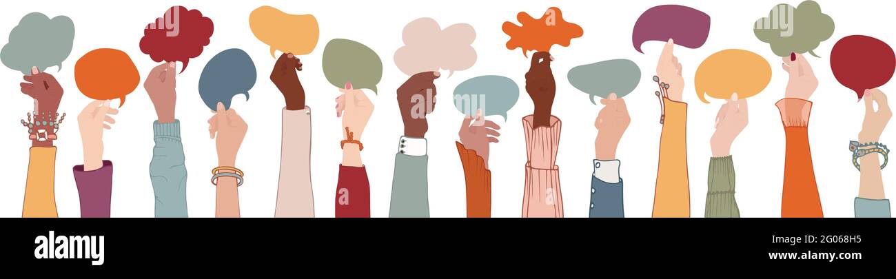 Group Raised arms multi-ethnic multicultural people holding speech bubble in hand.Diverse people talking chatting and sharing information on social Stock Vector