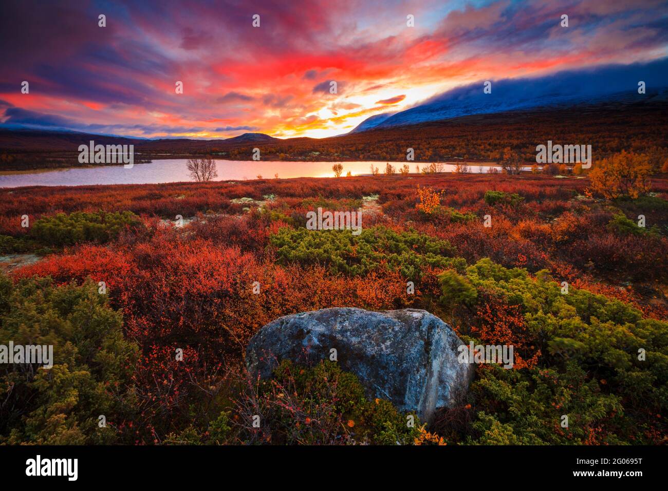 Beautiful sunrise and autumn colors at Fokstumyra nature reserve, Dovre, Norway, Scandinavia. Stock Photo
