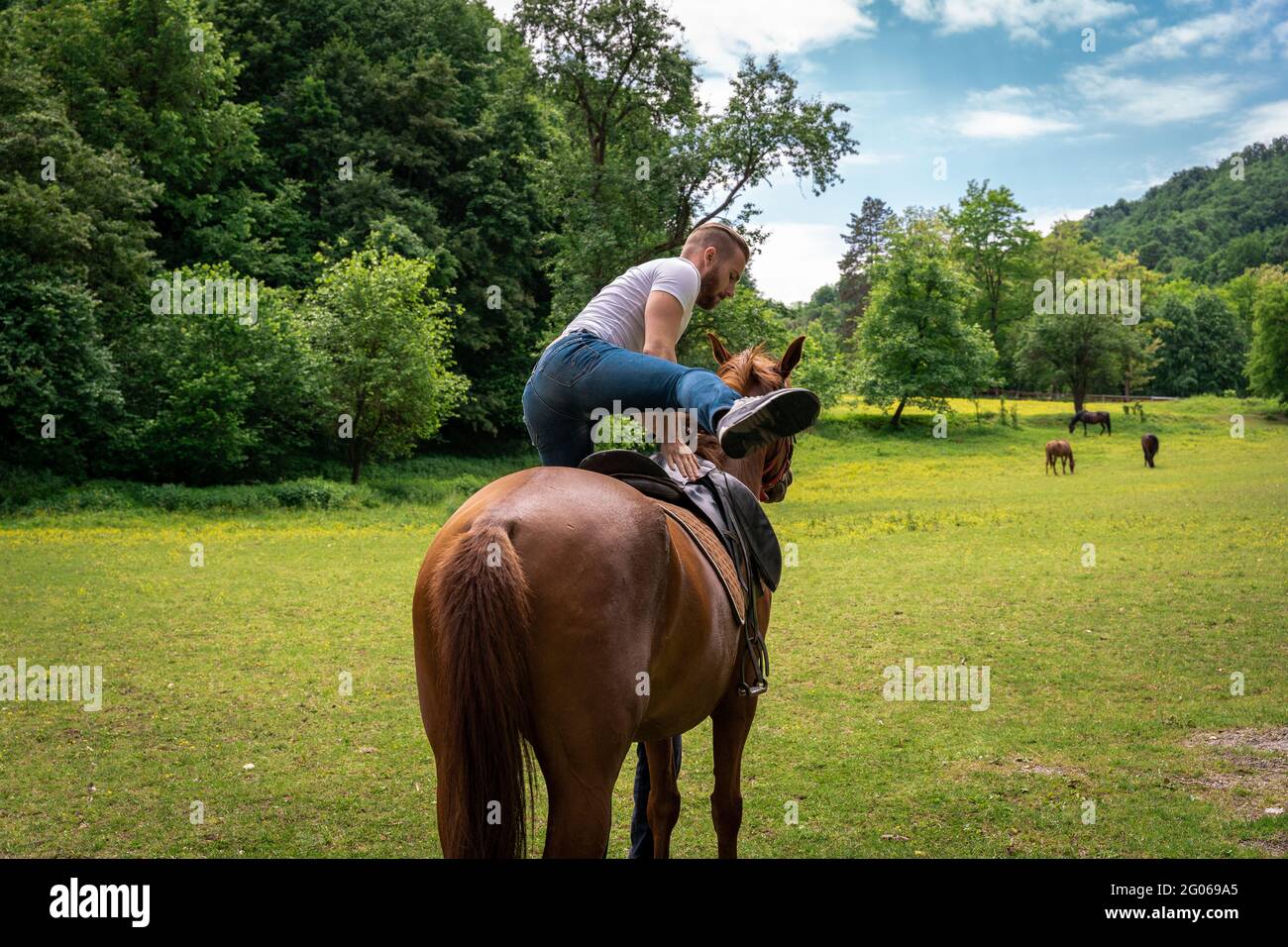 A young man wearing blue jeans, a patterned shirt and a cowboy hat climbing on to his horse Stock Photo