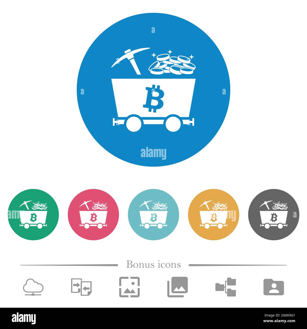 Bitcoin cryptocurrency mining with treasure flat white icons on round color  backgrounds. 6 bonus icons included Stock Vector Image & Art - Alamy