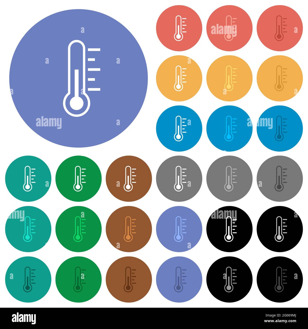 Thermometer medium temperature multi colored flat icons on round backgrounds. Included white, light and dark icon variations for hover and active stat Stock Vector