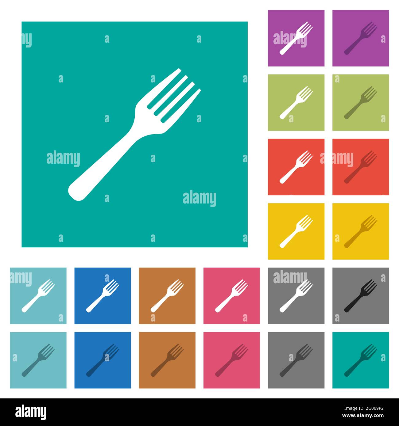 Single fork multi colored flat icons on plain square backgrounds. Included white and darker icon variations for hover or active effects. Stock Vector