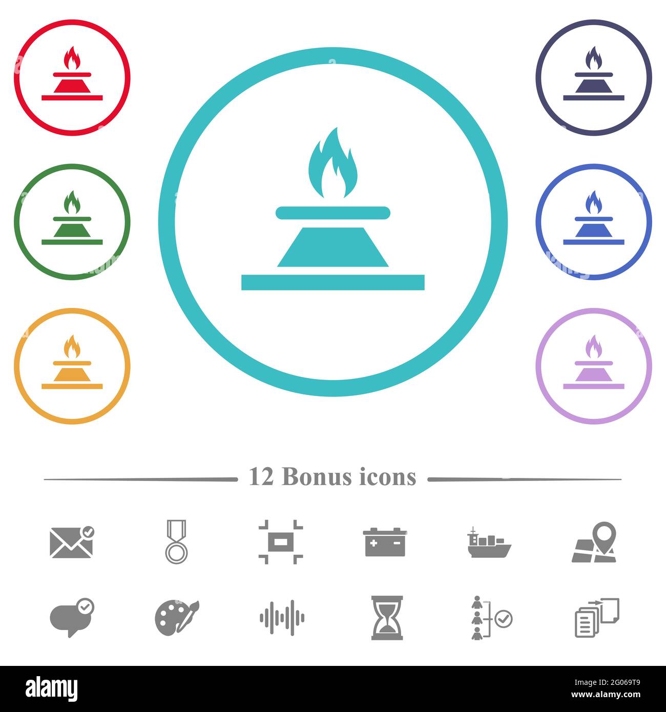 Kitchen gas stove flat color icons in circle shape outlines. 12 bonus ...
