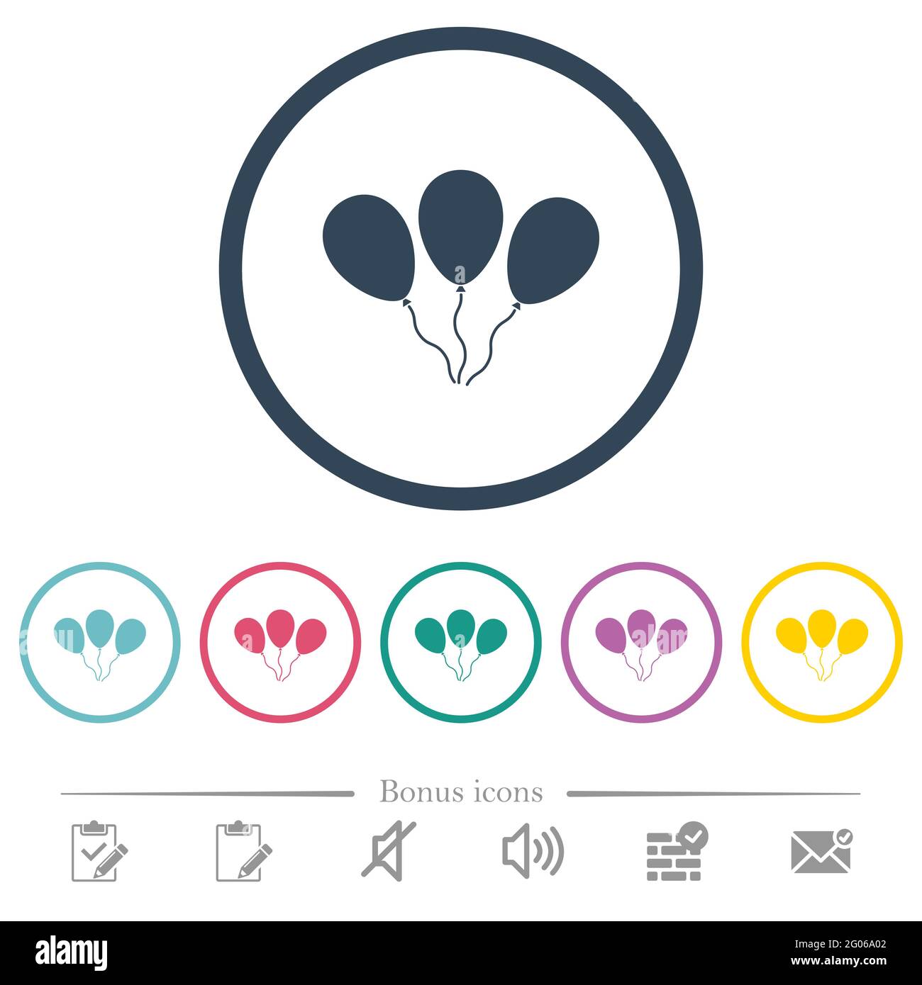 Three balloons flat color icons in round outlines. 6 bonus icons ...
