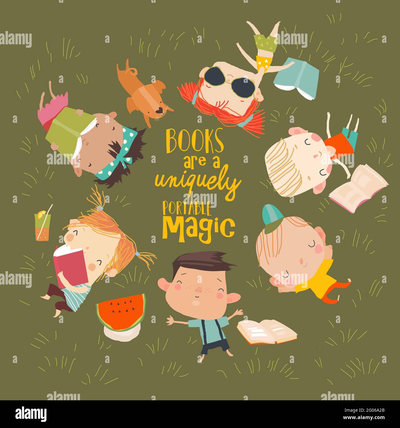 Happy Children lying on Grass and reading Books Stock Vector