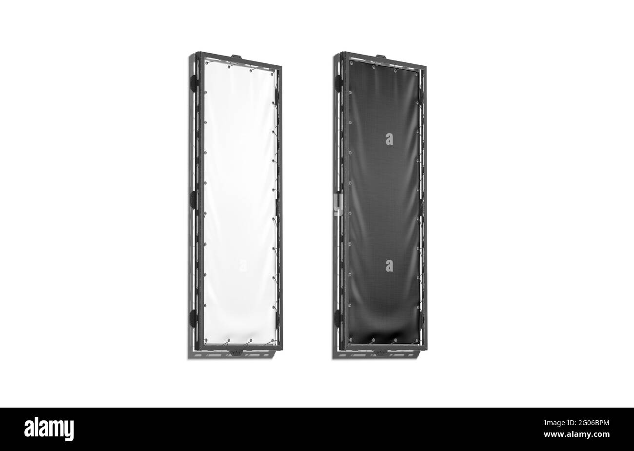 Blank black and white vertical stretching banner grip frame mockup, 3d rendering. Empty narrow