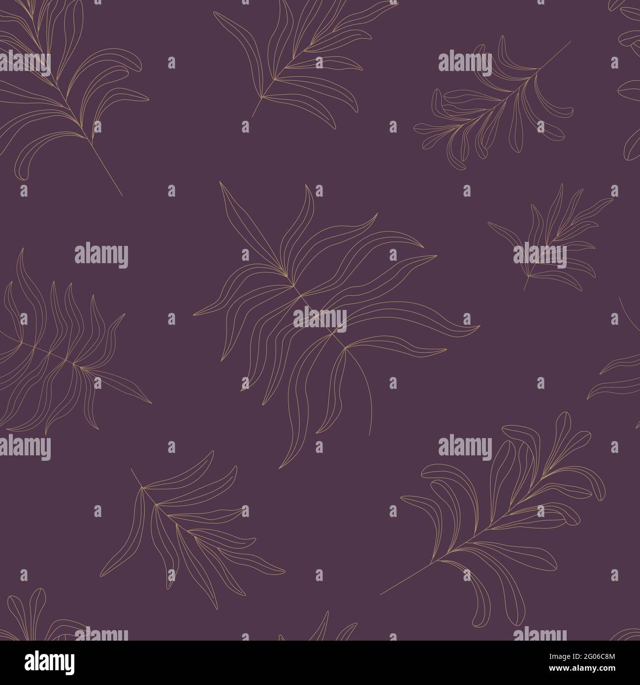 Seamless pattern of golden leaves on purple background. Elegant botanical vector illustration. Minimal floral pattern for textiles, fabric, wallpaper Stock Vector