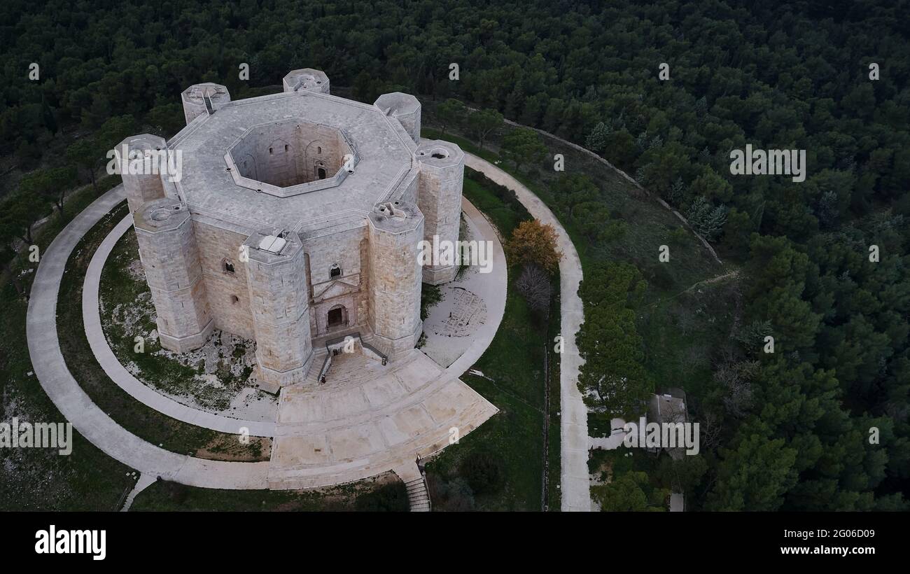 Aerial shot of Castel del Monte, an Apulian castle famous all over the world for its unique octagonal shape. Stock Photo