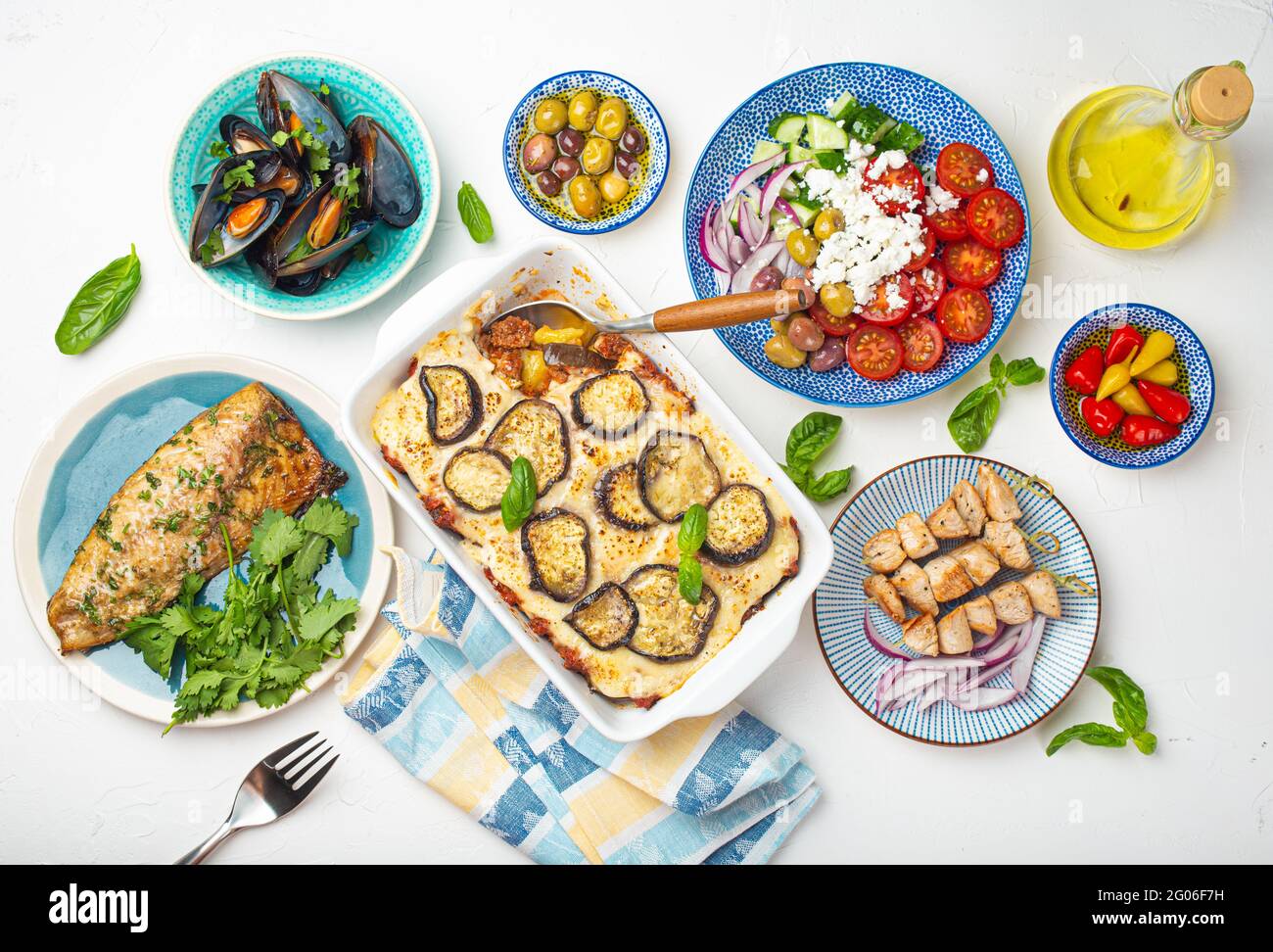Assorted traditional Greek dishes from above Stock Photo Alamy