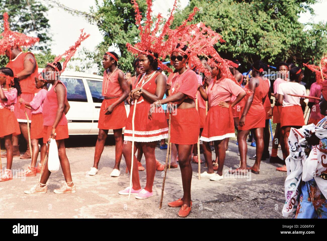 1990s Trinidad and Tobago - Performers await their turn at Heritage Festival in Tobago ca. 1990s Stock Photo