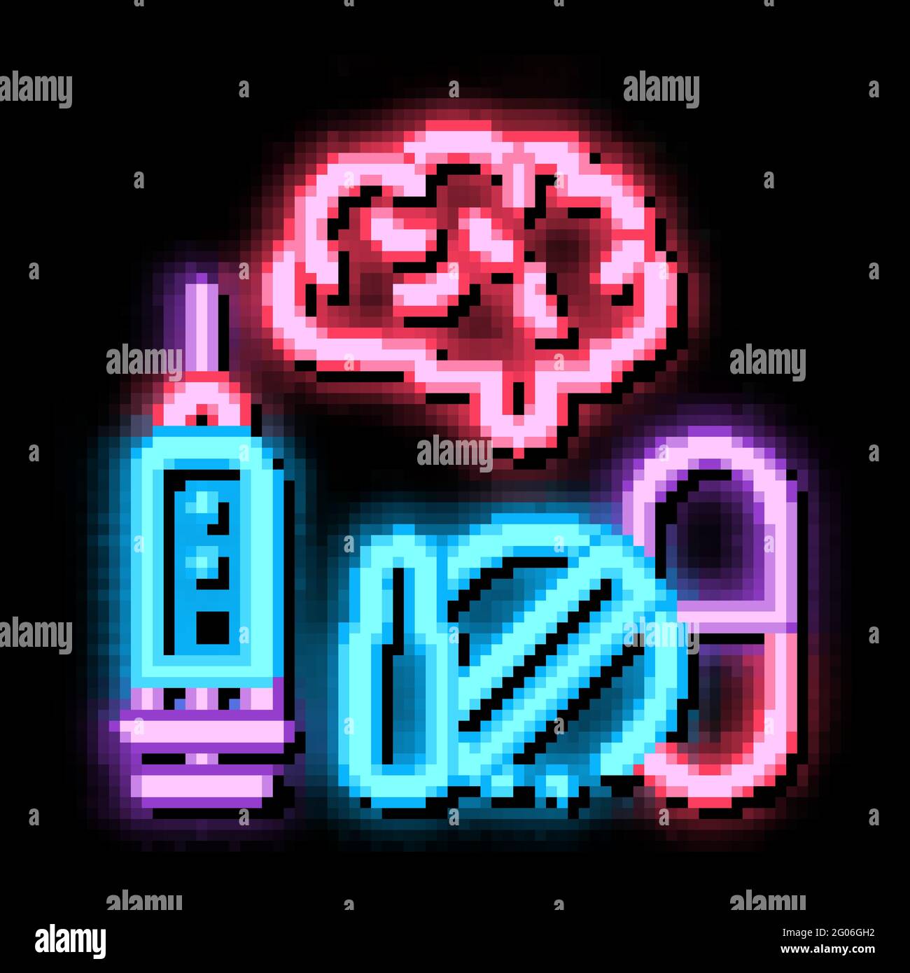 Brain, Syringe And Pills neon glow icon illustration Stock Vector Image ...