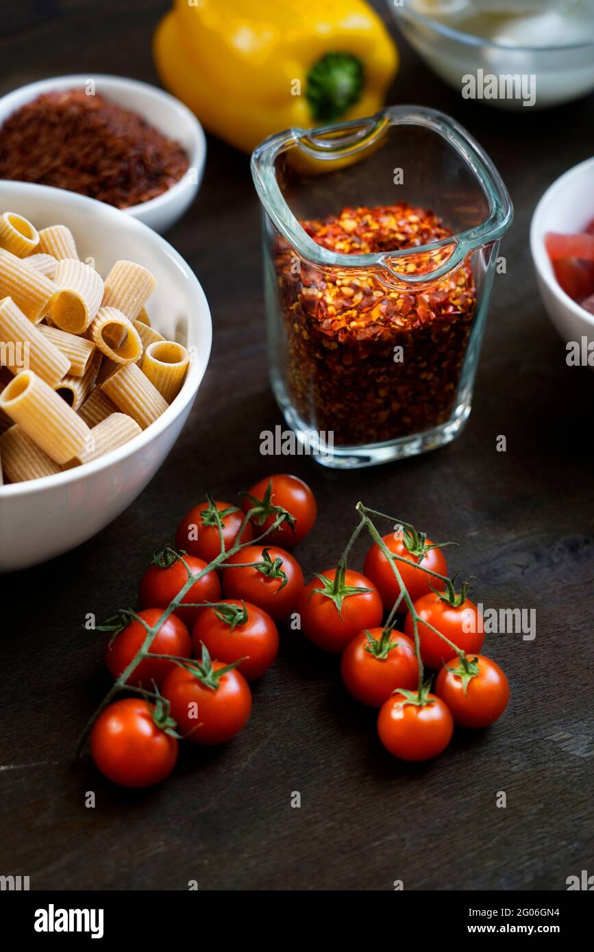 Ingredients of the Mediterrane Diet on dark wooden background, Italy, Europe Stock Photo