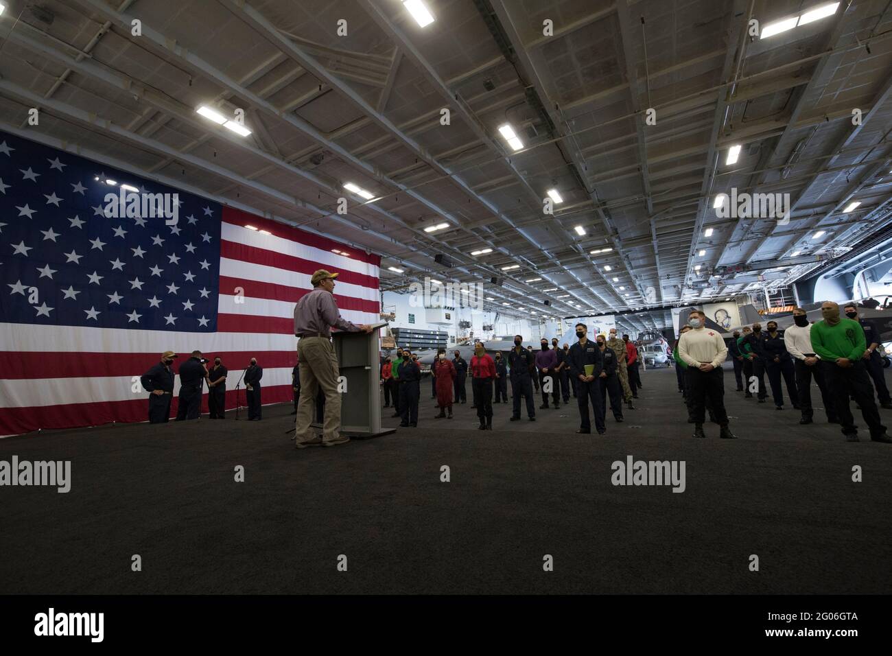 Reportage:  Defense Secretary Mark T. Esper speaks to sailors in an all-call on the Nimitz-class nuclear aircraft carrier USS Carl Vinson, underway in the Pacific Ocean, Sept. 17, 2020. Stock Photo