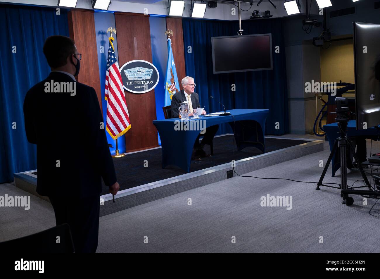 Reportage:  Acting Defense Secretary Chris Miller talks to Gold Star families in a video conference from the Pentagon, Washington, D.C., Jan. 4, 2021. Stock Photo