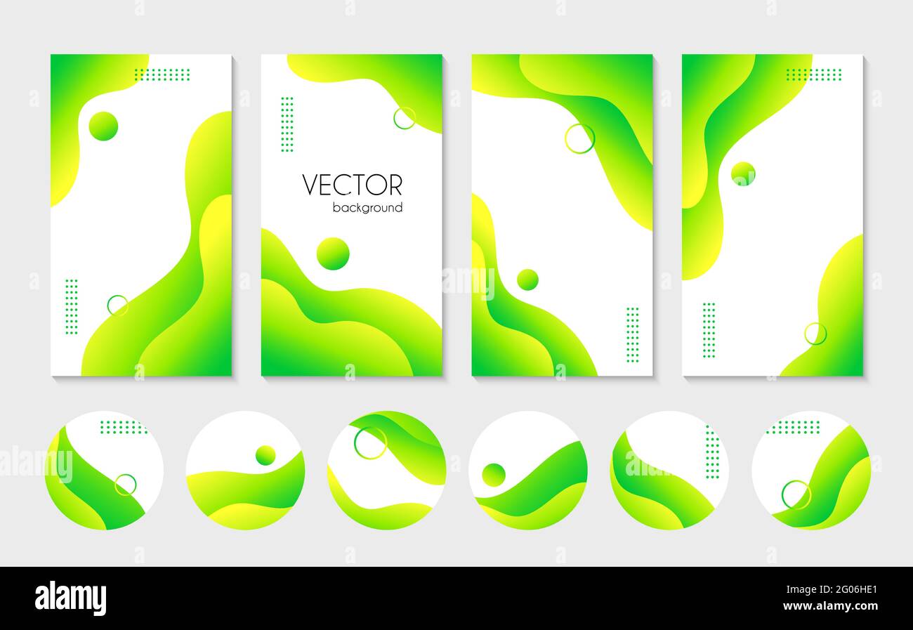 Abstract liquid green stories templates nd highlight cover icons for social media. Vector trendy backgrounds for instagram Stock Vector