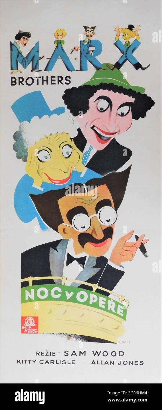 Czechoslovakian Original Release Insert Poster for THE MARX BROTHERS GROUCHO HARPO and CHICO in A NIGHT AT THE OPERA 1935 director SAM WOOD screenplay George S. Kaufman and Morrie Ryskind producer Irving Thalberg Metro Goldwyn Mayer Stock Photo