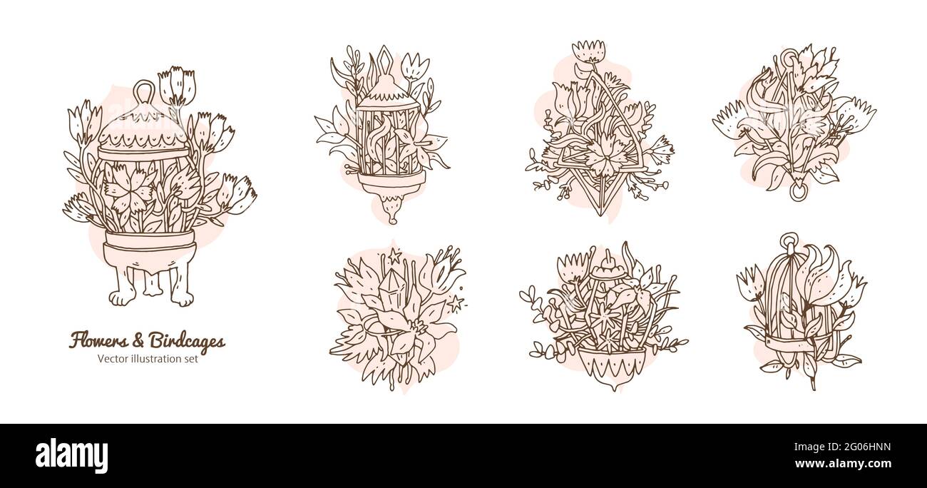 Flowers In A Birdcages Set Line Art Hand Drawn Doodle Design Elements With Floral Botany At Birdcages Elegance And Aesthetic Vector Outline Icons Se Stock Vector Image Art Alamy