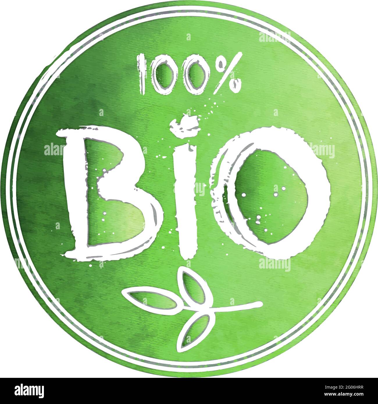 green watercolor 100 percent Bio label or stamp, round vector illustration Stock Vector