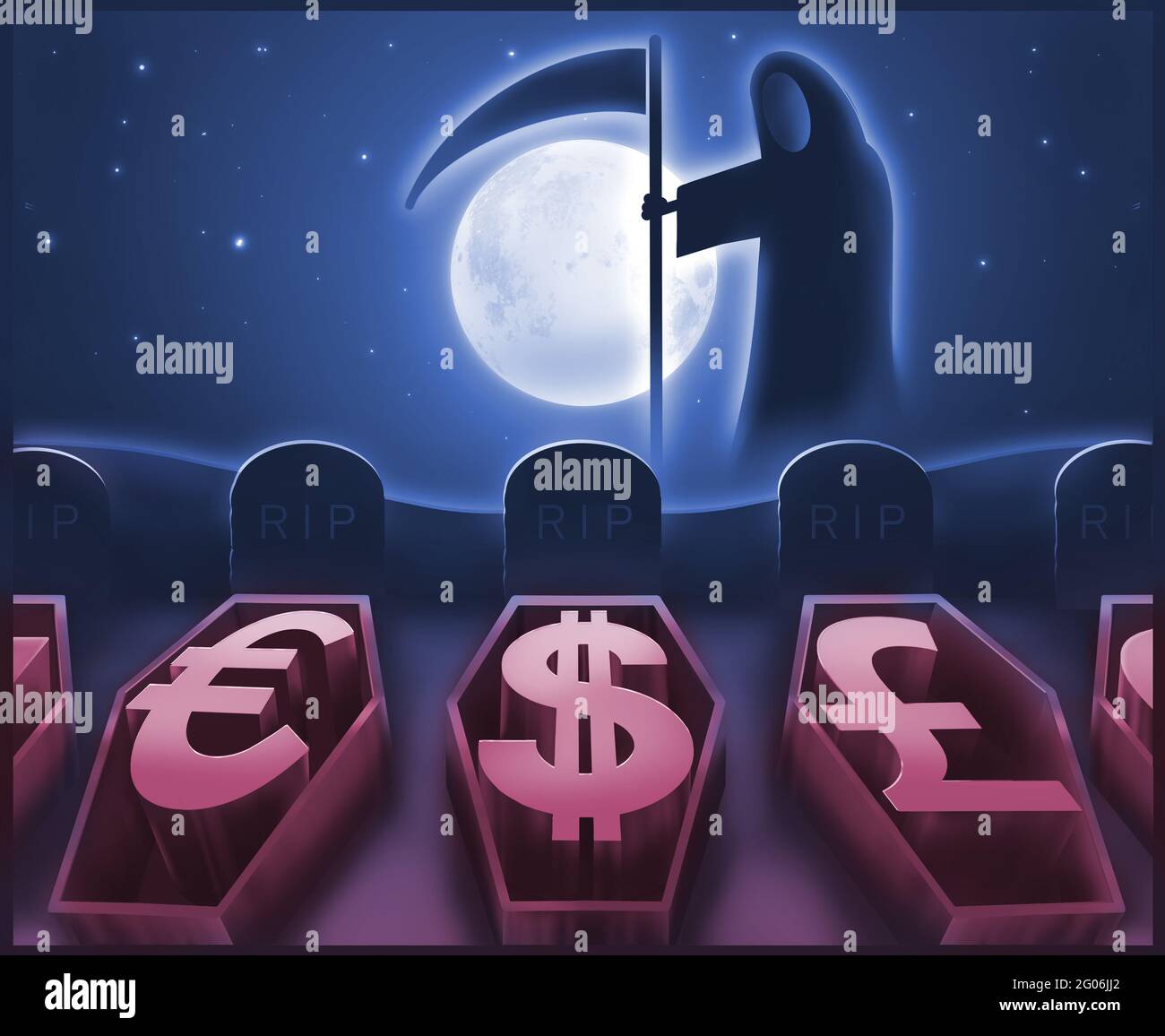The death of traditional banking illustration. Death looking over currency graves. Stock Photo