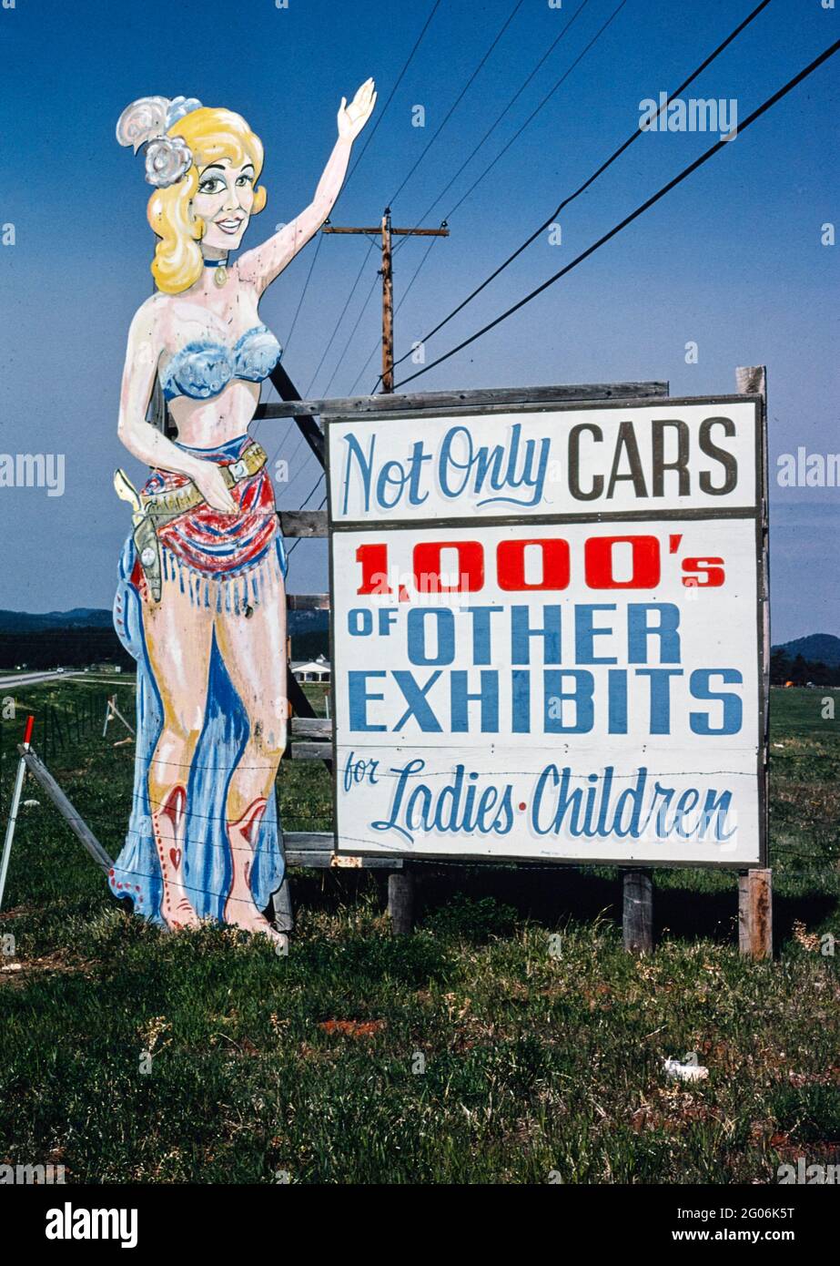1970s America -   Horseless Carriage Museum billboard, Rockerville, South Dakota 1979 Stock Photo