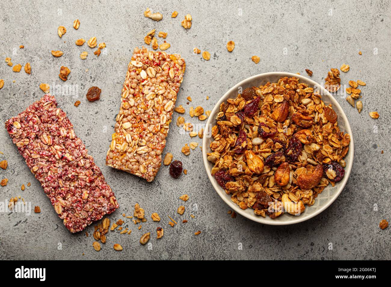 Healthy cereal granola bars from above Stock Photo