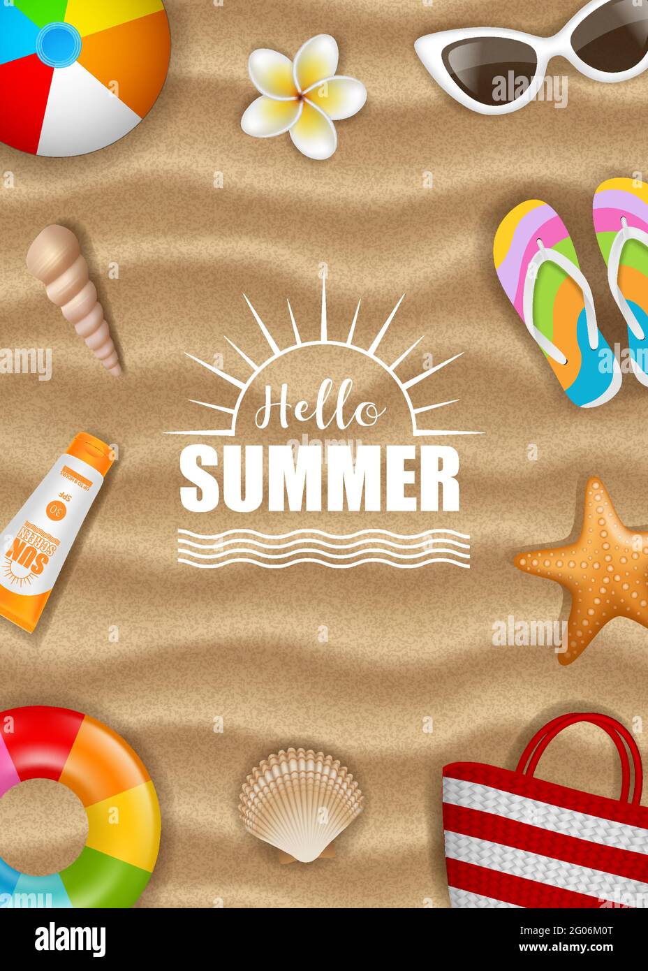 Hello summer background with summer elements on sand background Stock Vector