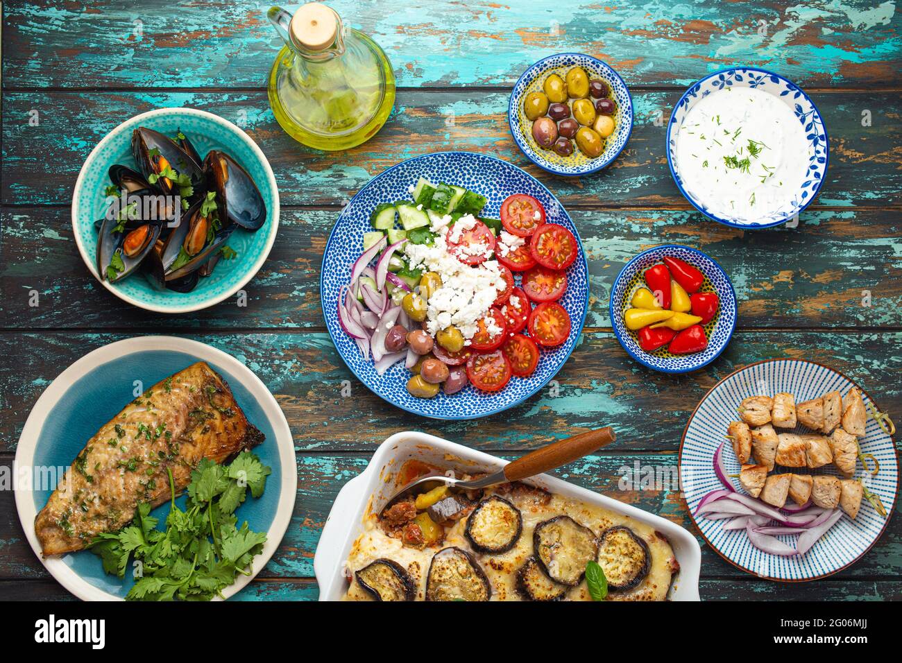 Assorted traditional Greek dishes from above Stock Photo Alamy