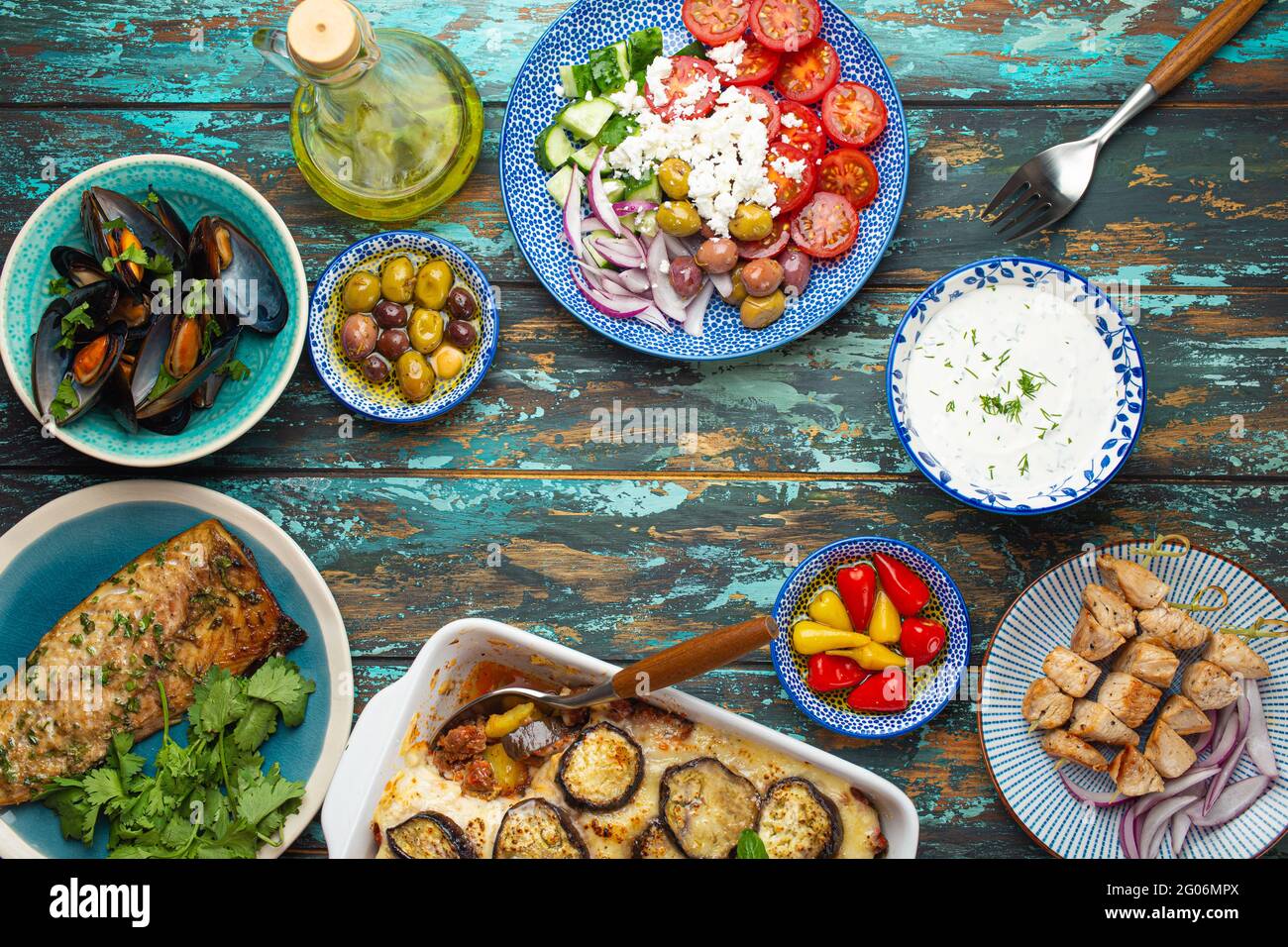Greek food dishes assorted from above copy space Stock Photo Alamy