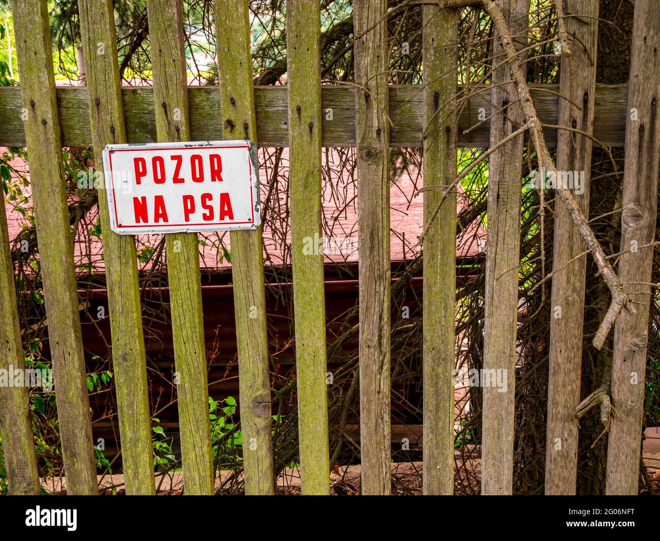 Old wooden fence with a sign beware of dog(POZOR NA PSA) Stock Photo