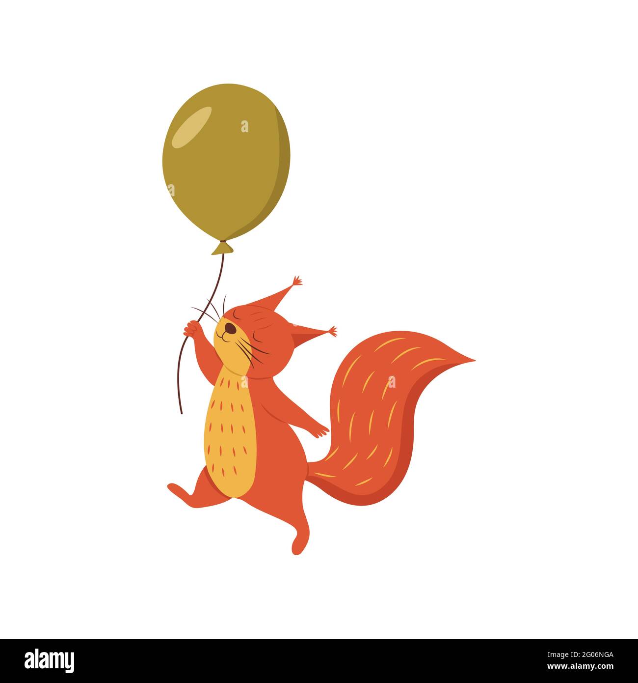 Cute squirrel flies holding on to a string from a balloon. Colorful vector isolated illustration cartoon style. Forest animal, rodent. Childrens illus Stock Vector