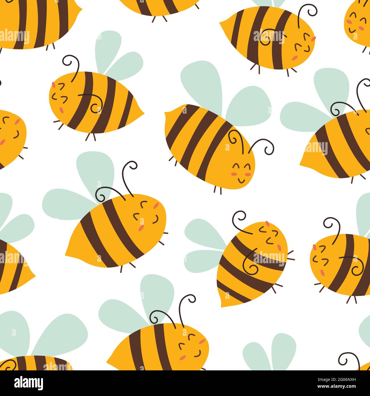 Seamless pattern with happy bees. Vector illustration hand drawn. White ...