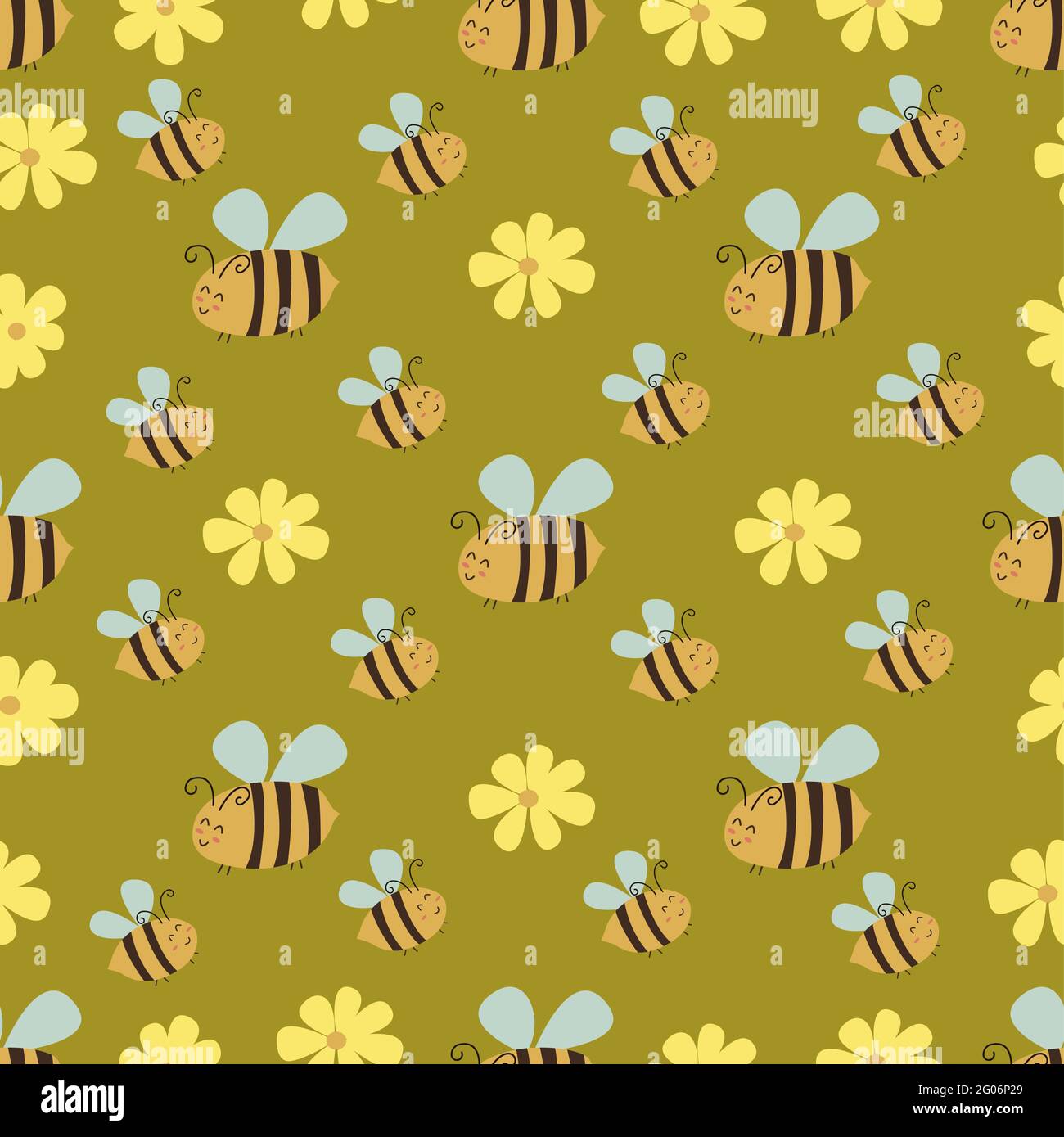 Seamless pattern with chamomile and happy bees. Vector daisy ...