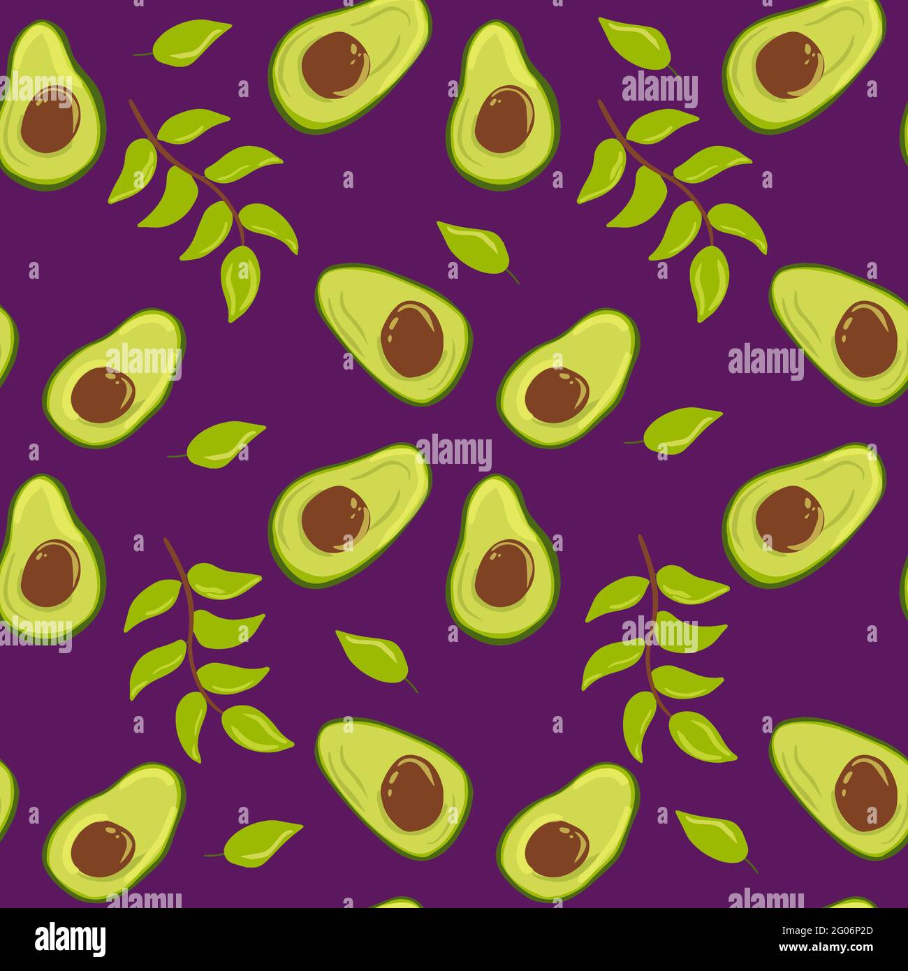 Seamless pattern avocado with leaves and twigs. Purple background. Exotic fruit. Vector illustration hand drawn Stock Vector