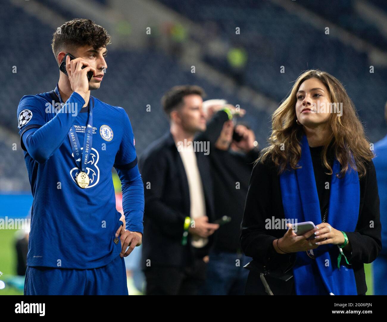 Ryal Quay, UK. 29th May, 2021. Kai Havertz of Chelsea celebrates with girlfriend Sophia Weber following the UEFA Champions League Final match between Manchester City and Chelsea at The Est‡dio do Drag‹o, Porto, Portugal on 29 May 2021. Photo by Andy Rowland. Credit: PRiME Media Images/Alamy Live News Stock Photo