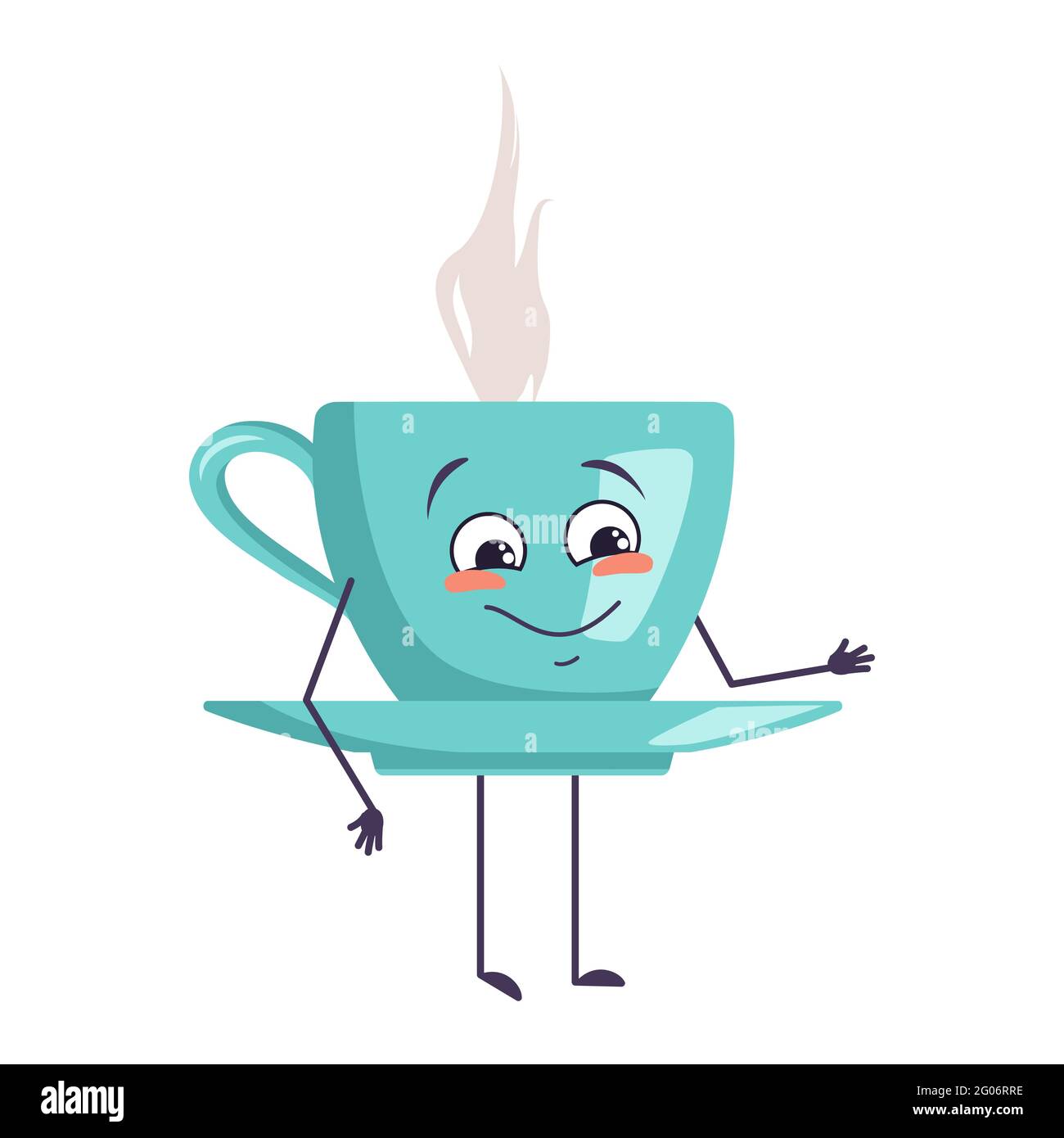 Cute Character Holding A Cup Of Tea With Emotions Of Joy Smiling Face Happy Eyes Hands And Feet A Mischievous Mug With A Saucer For A Cafe Stock Vector Image Art
