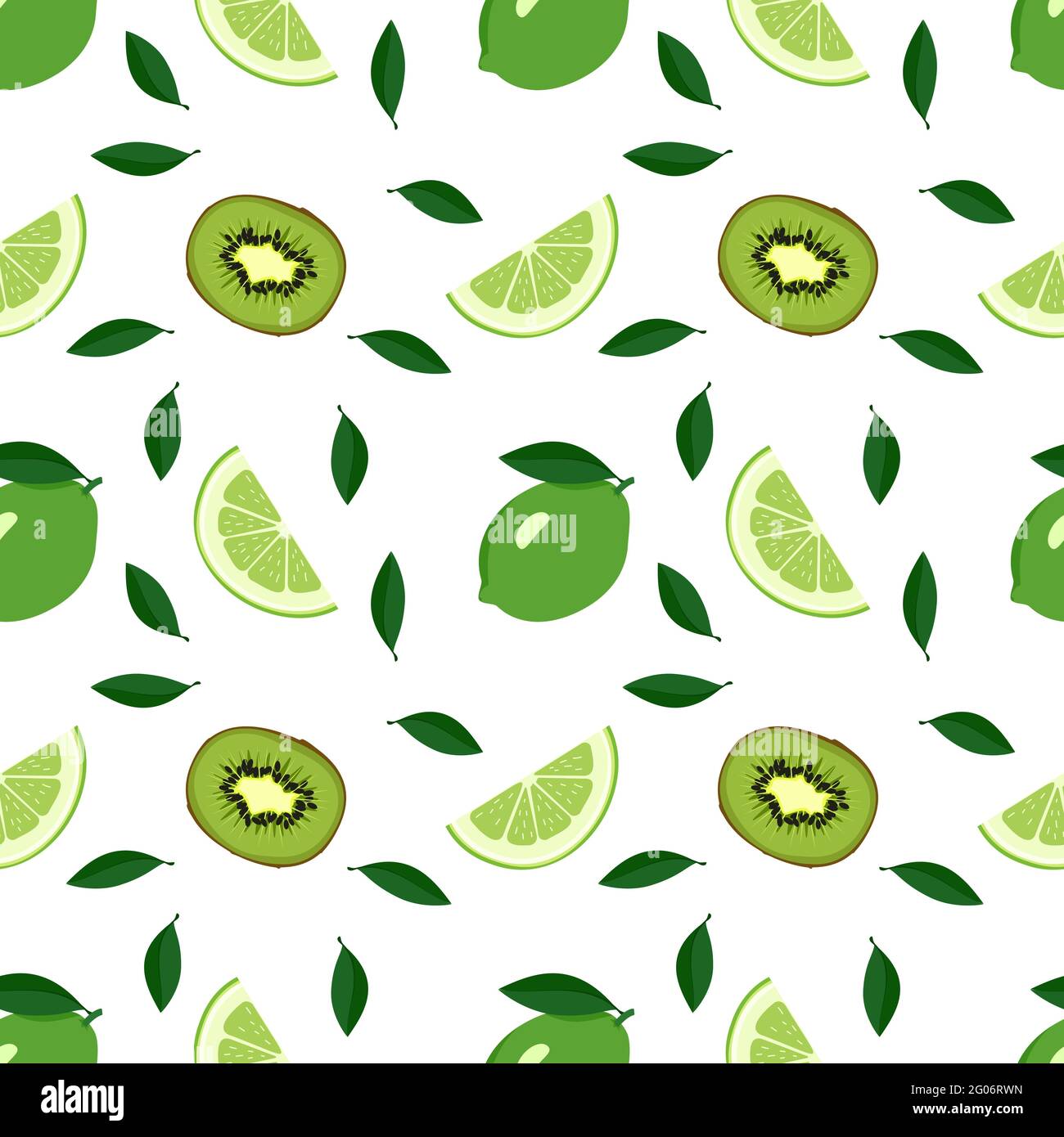 Cute seamless summer citrus and kiwi pattern on a white background. Print with whole lime, wedges and leaves. A set of fruits for a healthy lifestyle Stock Vector