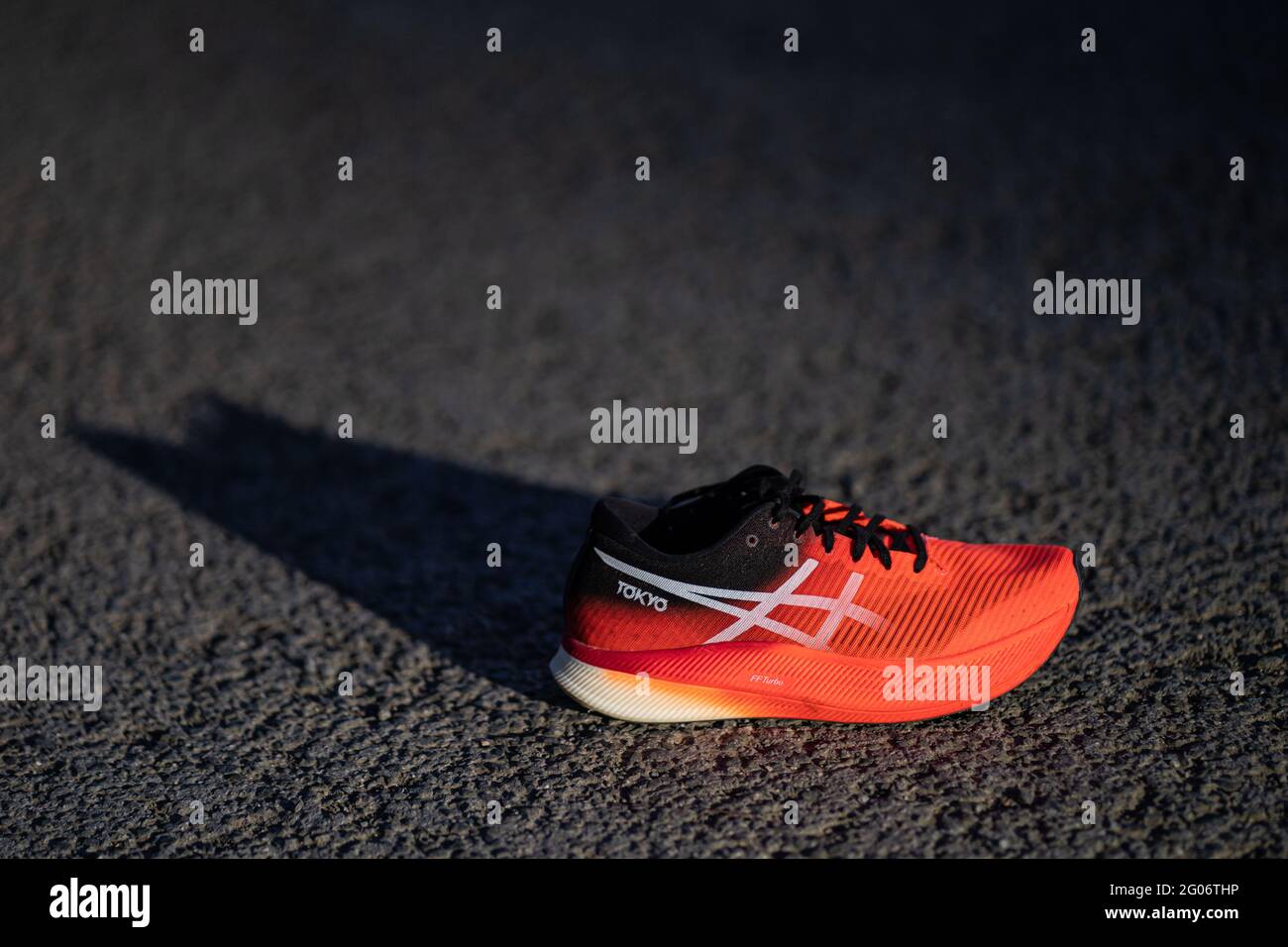 Asics Metaspeed Sky Tokyo shoe. Very fast shoe with carbon plate and  created for the Tokyo 2020 Olympic Games Stock Photo - Alamy