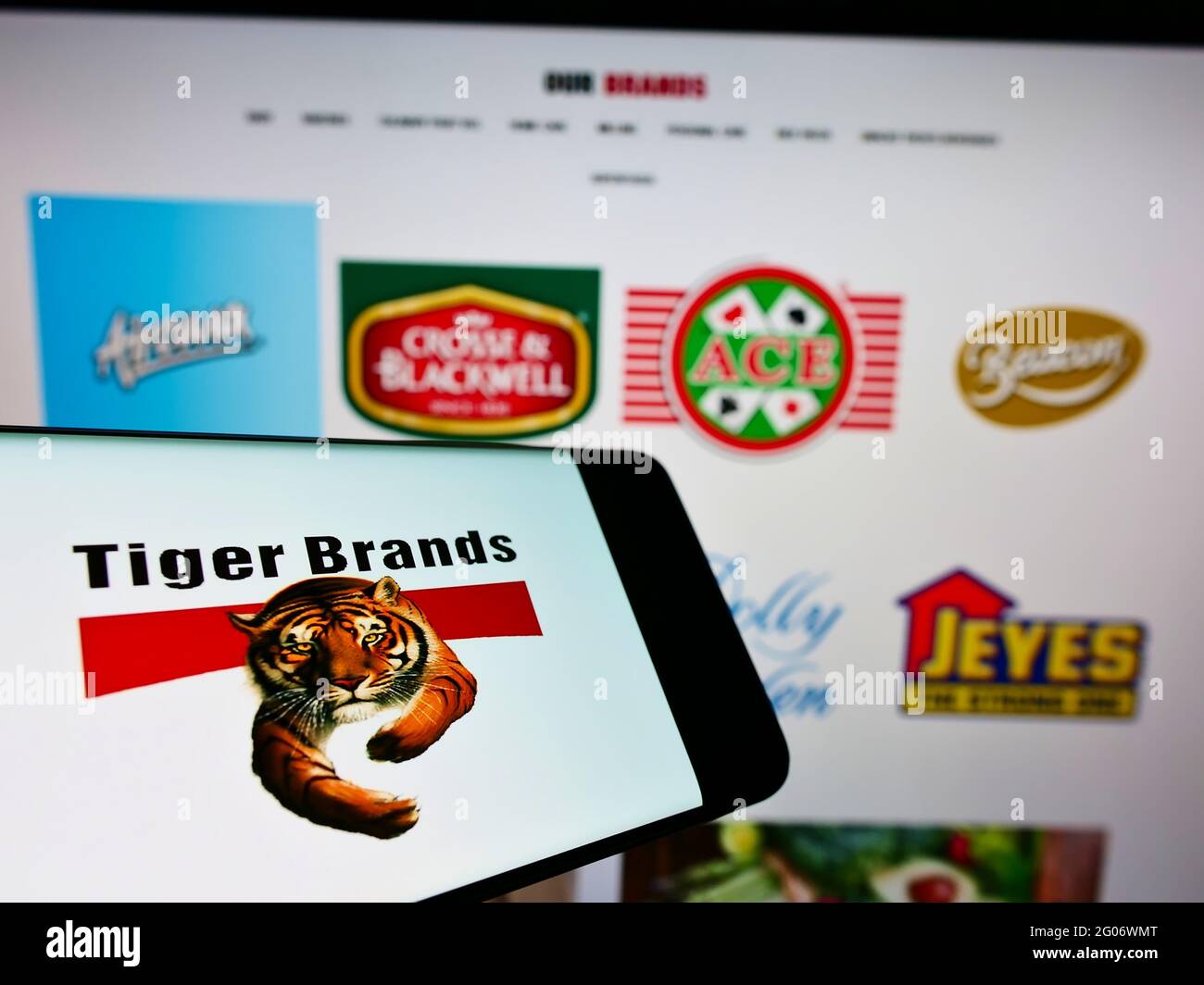 Mobile phone with logo of South African company Tiger Brands Limited on screen in front of business web page. Focus on center-right of phone display. Stock Photo