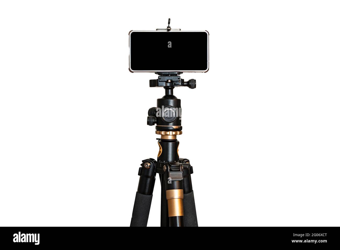 Smartphone on tripod isolate white background. blank black screen. copy space Stock Photo
