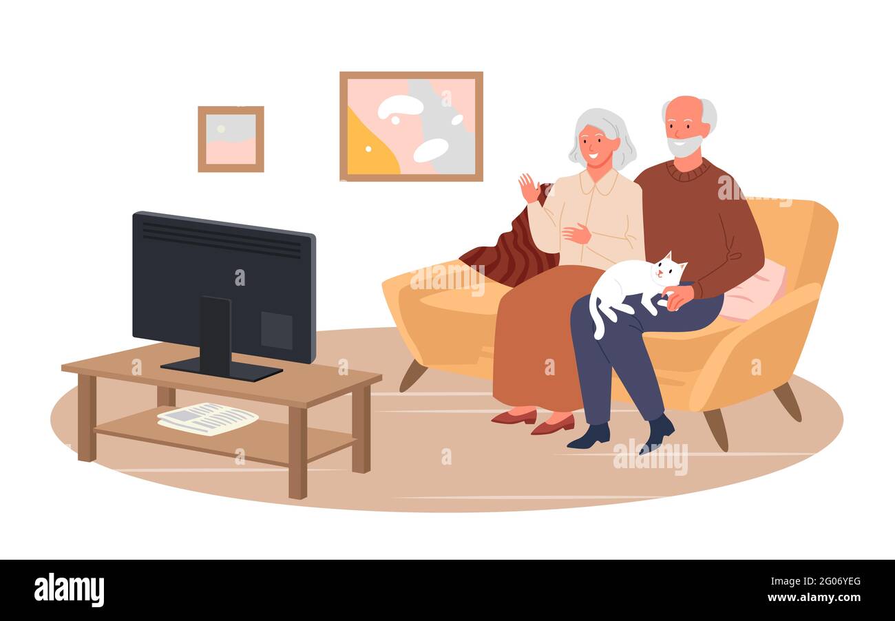 Elderly couple people watch tv movie news in home living room, sitting at couch together Stock Vector