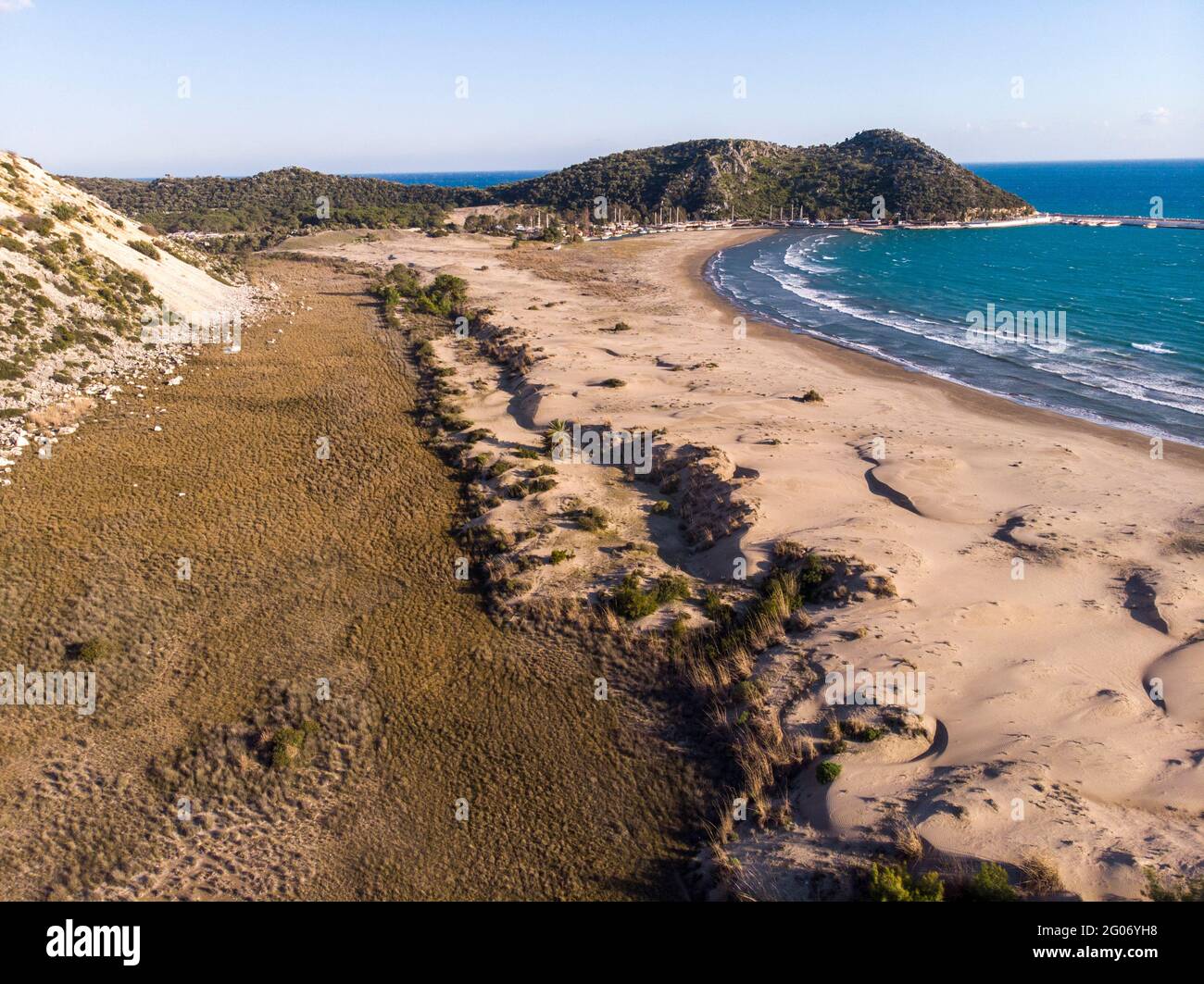Aerial Remarkable historical sand beach on the mediterranean sea of demre Stock Photo