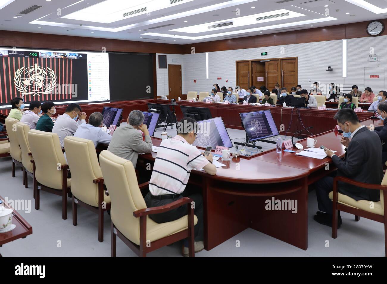 Beijing, China. 24th May, 2021. Delegates attend the 74th World Health Assembly (WHA) via video link in Beijing, capital of China, May 24, 2021. Credit: Zhang Yuwei/Xinhua/Alamy Live News Stock Photo