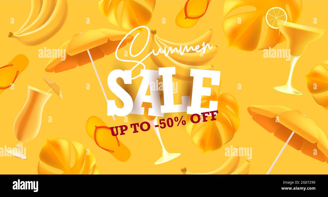 Summer sale web banner or poster with mono color yellow 3d illustrations of tropic fun with stylized promo message Stock Vector