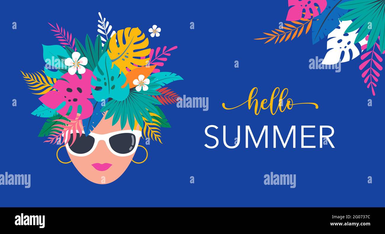 Summer time fun concept design. Creative background woman's head, jungle leaves and toucan. Summer sale, post template Stock Vector