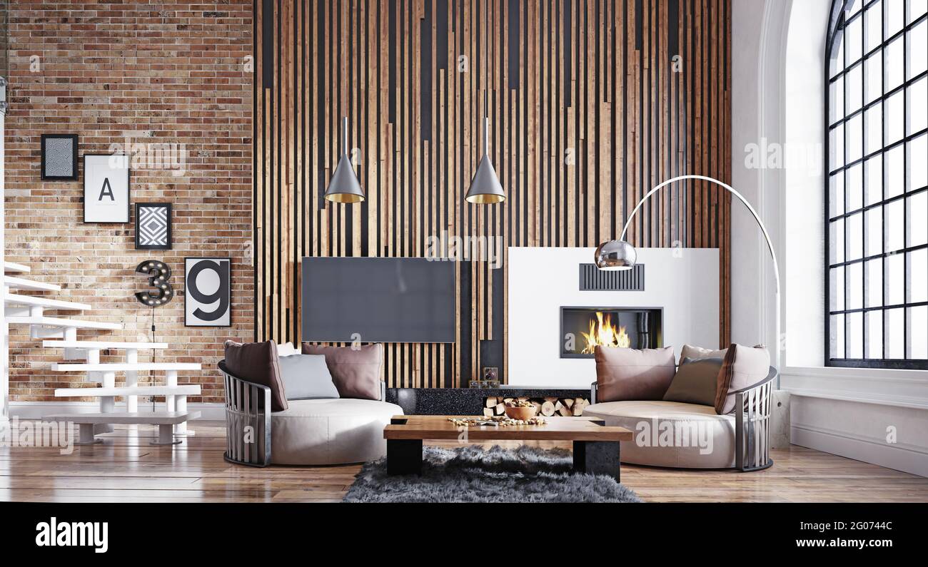 modern living interior. 3d design concept illustration Stock Photo